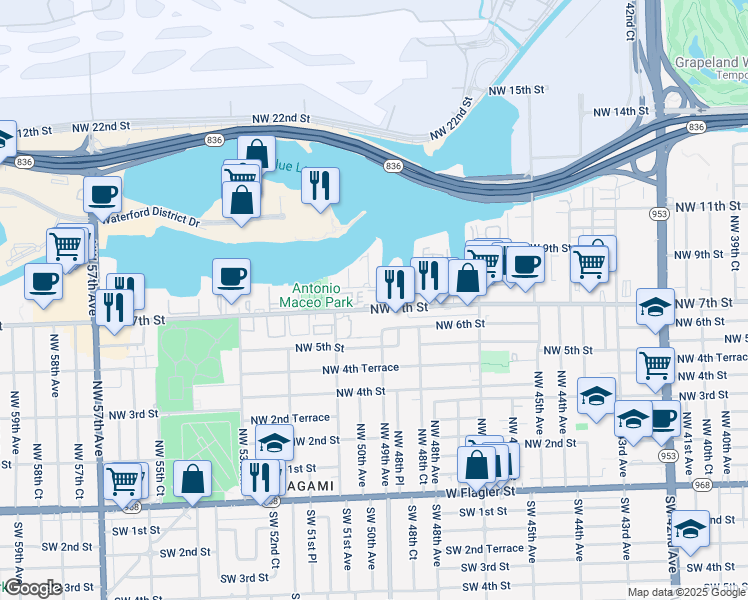 map of restaurants, bars, coffee shops, grocery stores, and more near 5033 Northwest 7th Street in Miami