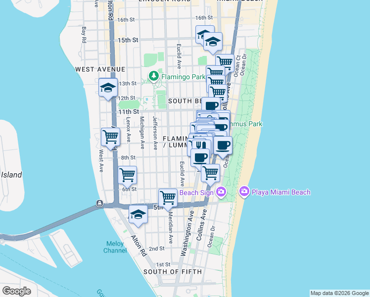 map of restaurants, bars, coffee shops, grocery stores, and more near in Miami Beach