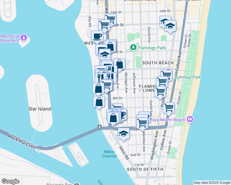 map of restaurants, bars, coffee shops, grocery stores, and more near 835 Alton Road in Miami Beach