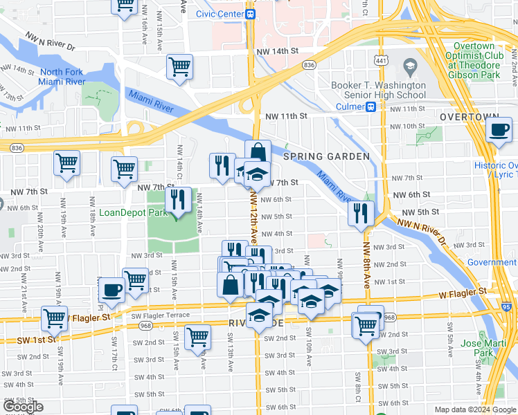map of restaurants, bars, coffee shops, grocery stores, and more near 1142 Northwest 6 Street in Miami