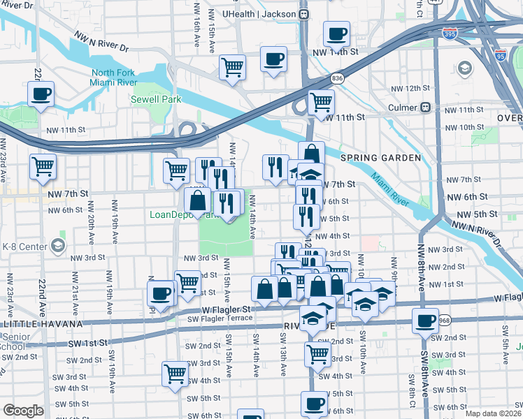 map of restaurants, bars, coffee shops, grocery stores, and more near 1318 Northwest 6 Street in Miami