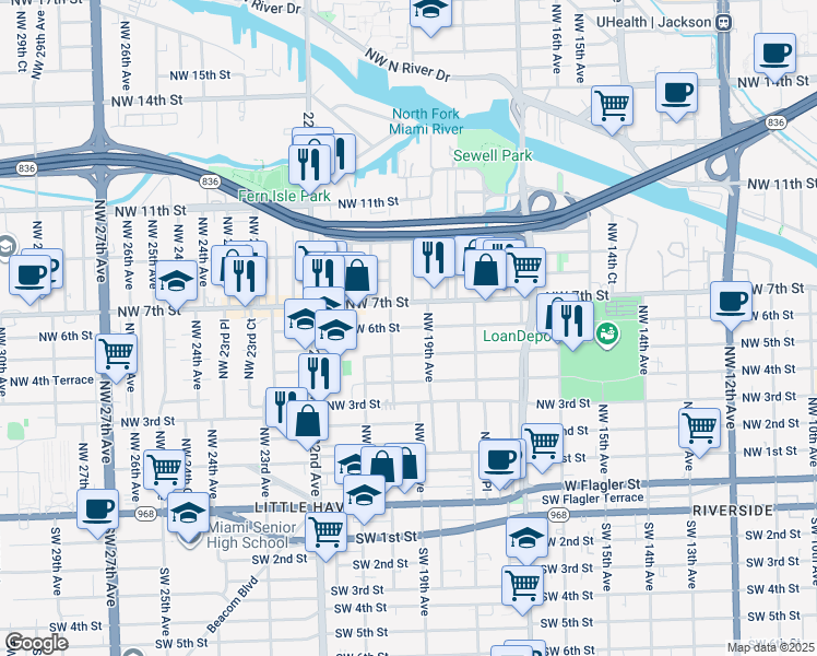 map of restaurants, bars, coffee shops, grocery stores, and more near 1937 Northwest 6 Street in Miami