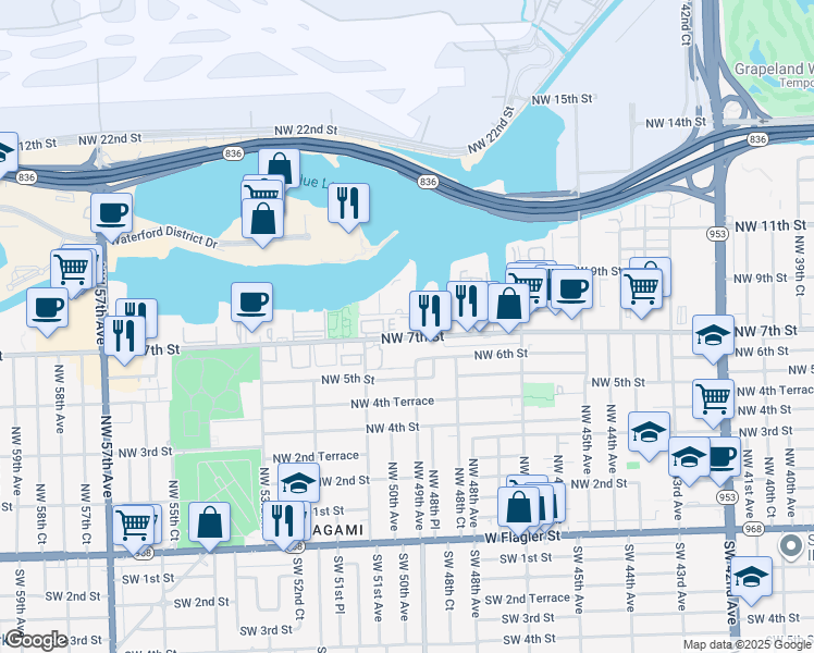 map of restaurants, bars, coffee shops, grocery stores, and more near 5033 Northwest 7th Street in Miami