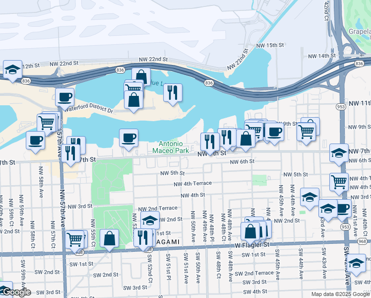 map of restaurants, bars, coffee shops, grocery stores, and more near 5033 Northwest 7th Street in Miami