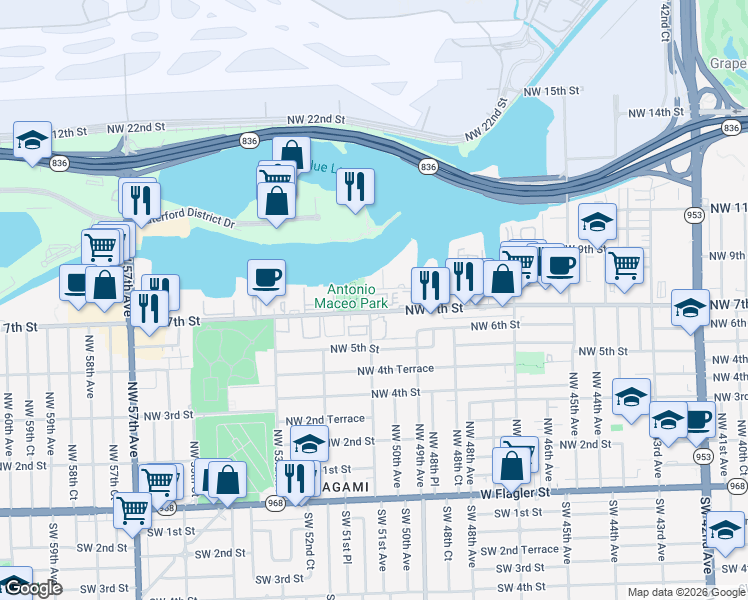 map of restaurants, bars, coffee shops, grocery stores, and more near 5135 Northwest 7th Street in Miami