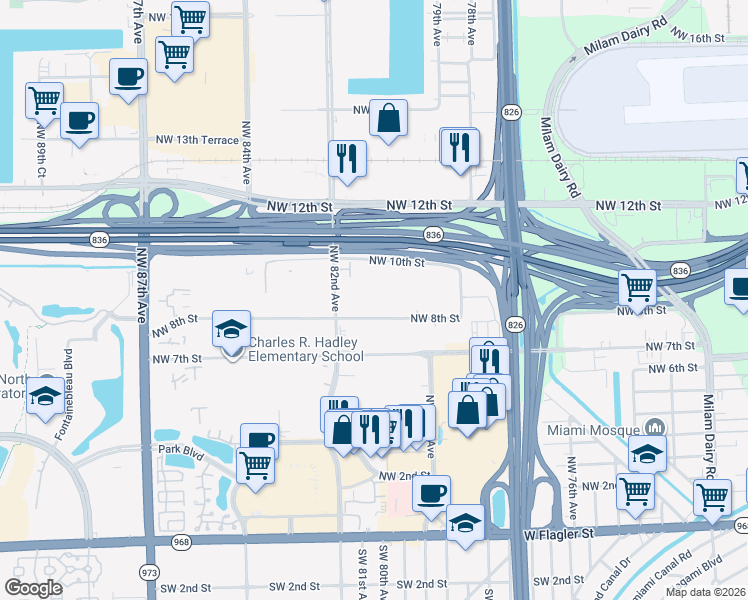 map of restaurants, bars, coffee shops, grocery stores, and more near 8087 Northwest 8th Street in Miami