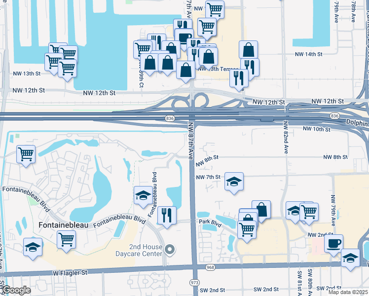 map of restaurants, bars, coffee shops, grocery stores, and more near 854 Northwest 87th Avenue in Doral