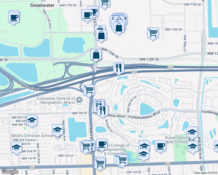 map of restaurants, bars, coffee shops, grocery stores, and more near 946 Northwest 106th Avenue Circle in Miami