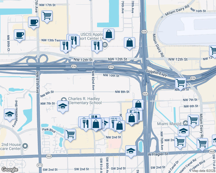 map of restaurants, bars, coffee shops, grocery stores, and more near Northwest 80 Avenue in Miami