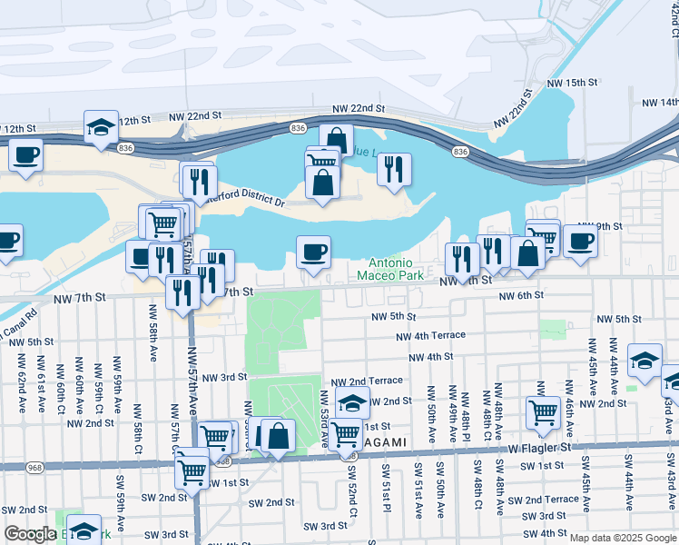 map of restaurants, bars, coffee shops, grocery stores, and more near 5249 Northwest 7th Street in Miami