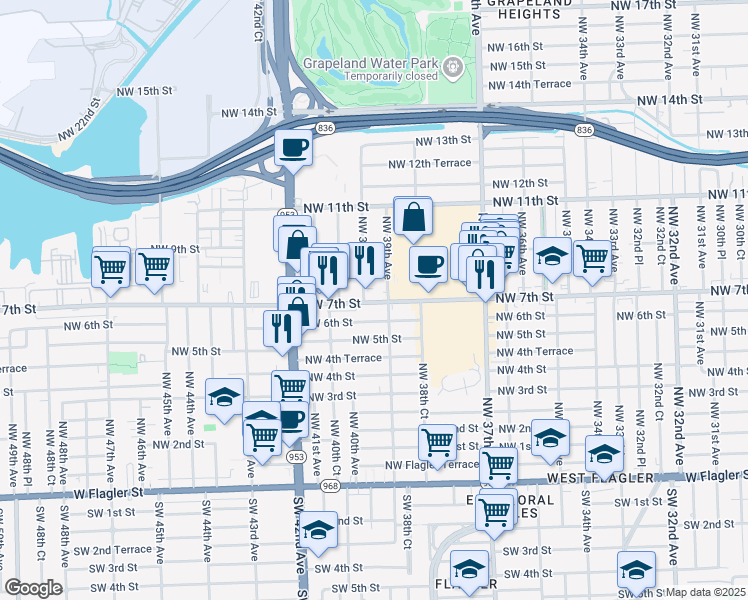 map of restaurants, bars, coffee shops, grocery stores, and more near 3925 Northwest 7th Street in Miami