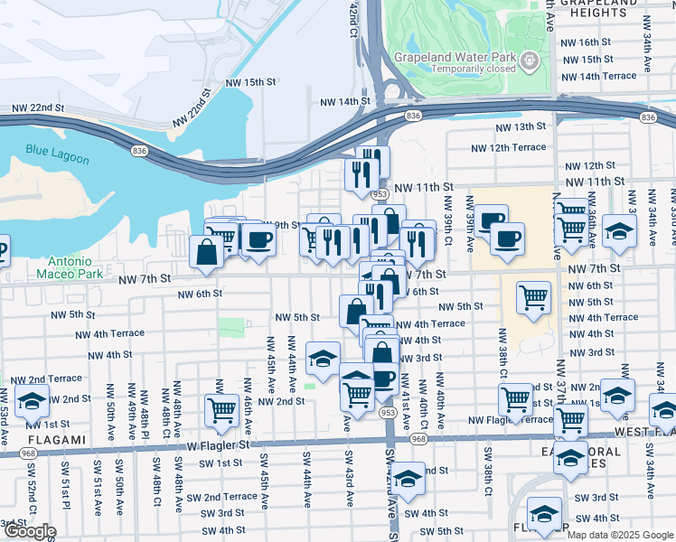 map of restaurants, bars, coffee shops, grocery stores, and more near 704 Northwest 43rd Avenue in Miami