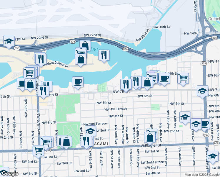 map of restaurants, bars, coffee shops, grocery stores, and more near 5135 Northwest 7th Street in Miami