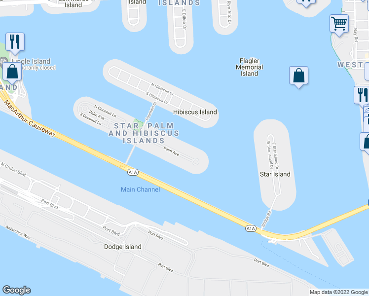 map of restaurants, bars, coffee shops, grocery stores, and more near 55 Palm Avenue in Miami Beach