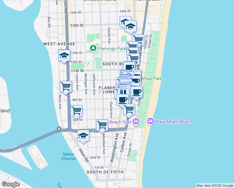 map of restaurants, bars, coffee shops, grocery stores, and more near in Miami Beach