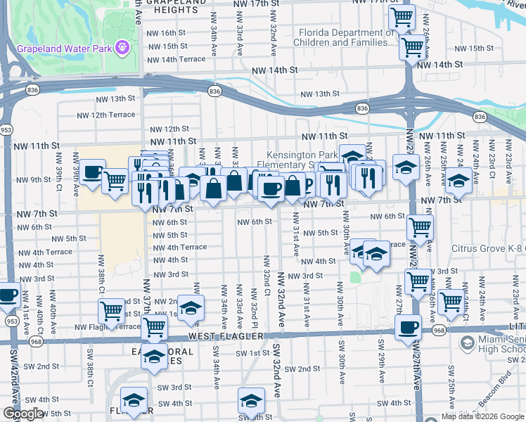 map of restaurants, bars, coffee shops, grocery stores, and more near 3240 Northwest 7th Street in Miami