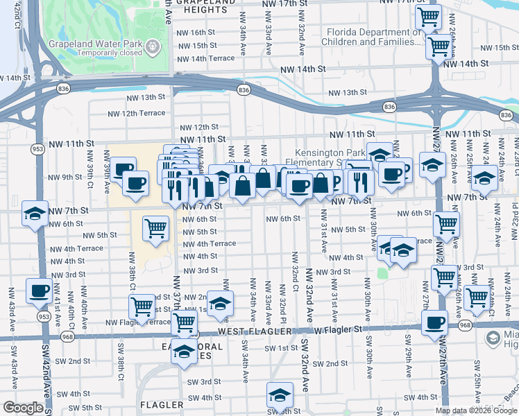 map of restaurants, bars, coffee shops, grocery stores, and more near 3299 Northwest 7th Street in Miami