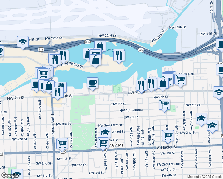 map of restaurants, bars, coffee shops, grocery stores, and more near 5151 Northwest 7th Street in Miami