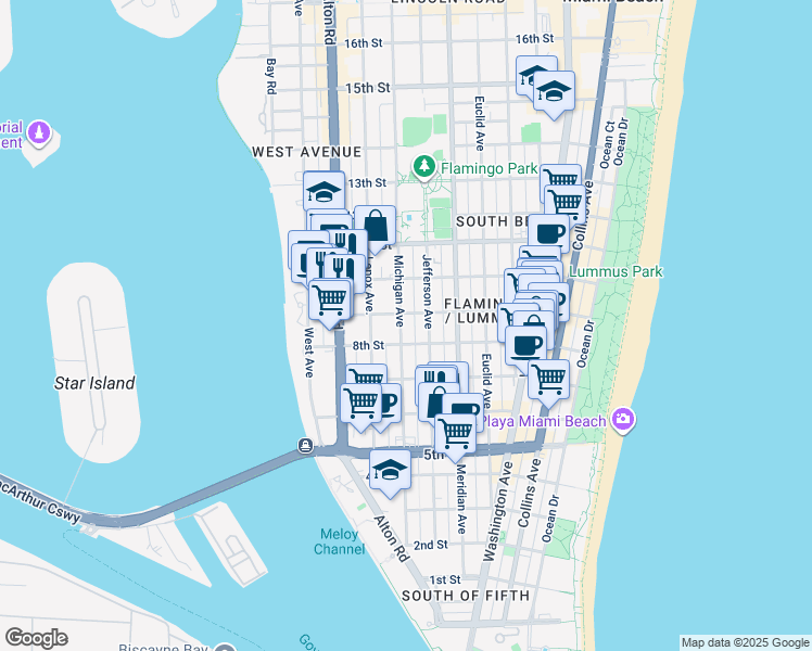 map of restaurants, bars, coffee shops, grocery stores, and more near 835 Michigan Avenue in Miami Beach