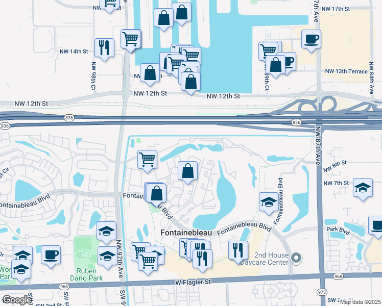 map of restaurants, bars, coffee shops, grocery stores, and more near 9425 Fontainebleau Boulevard in Miami