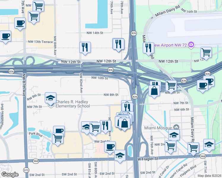map of restaurants, bars, coffee shops, grocery stores, and more near 7985 Northwest 8th Street in Miami