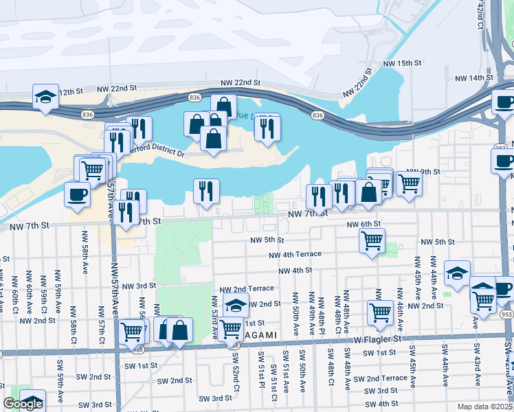 map of restaurants, bars, coffee shops, grocery stores, and more near 5135 Northwest 7th Street in Miami