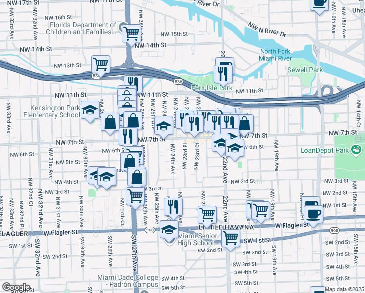 map of restaurants, bars, coffee shops, grocery stores, and more near 610 Northwest 23rd Place in Miami