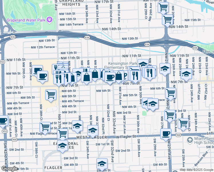 map of restaurants, bars, coffee shops, grocery stores, and more near 3240 Northwest 7th Street in Miami