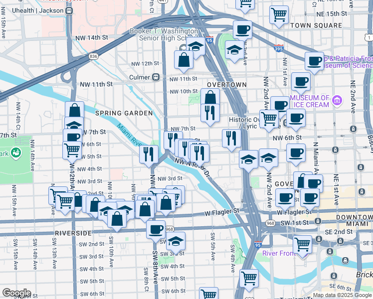map of restaurants, bars, coffee shops, grocery stores, and more near 611 Northwest 5th Street in Miami