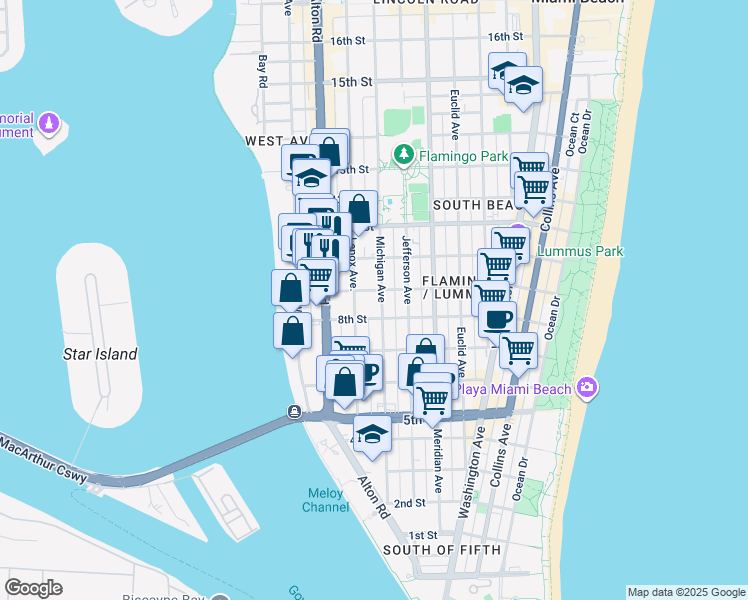 map of restaurants, bars, coffee shops, grocery stores, and more near 840 Michigan Avenue in Miami Beach