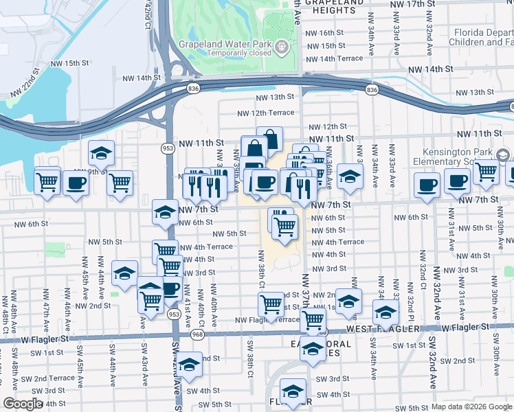 map of restaurants, bars, coffee shops, grocery stores, and more near 3809 Northwest 7th Street in Miami