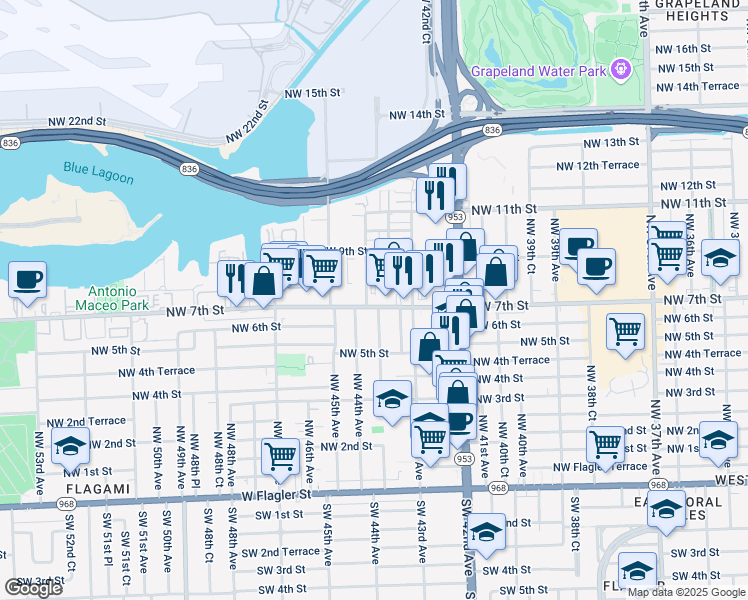 map of restaurants, bars, coffee shops, grocery stores, and more near 4387 Northwest 7th Street in Miami