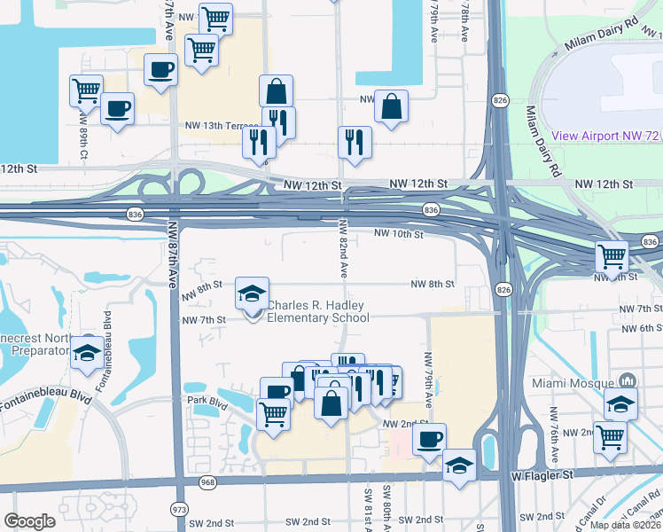 map of restaurants, bars, coffee shops, grocery stores, and more near 8231 Northwest 82nd Avenue in Miami