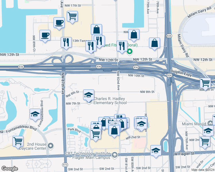 map of restaurants, bars, coffee shops, grocery stores, and more near 8261 Northwest 8th Street in Miami