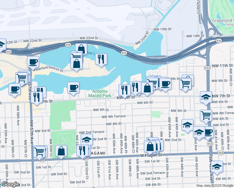 map of restaurants, bars, coffee shops, grocery stores, and more near 5033 Northwest 7th Street in Miami
