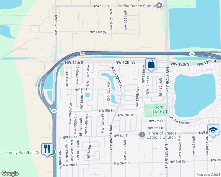 map of restaurants, bars, coffee shops, grocery stores, and more near 901 Northwest 132nd Court in Miami