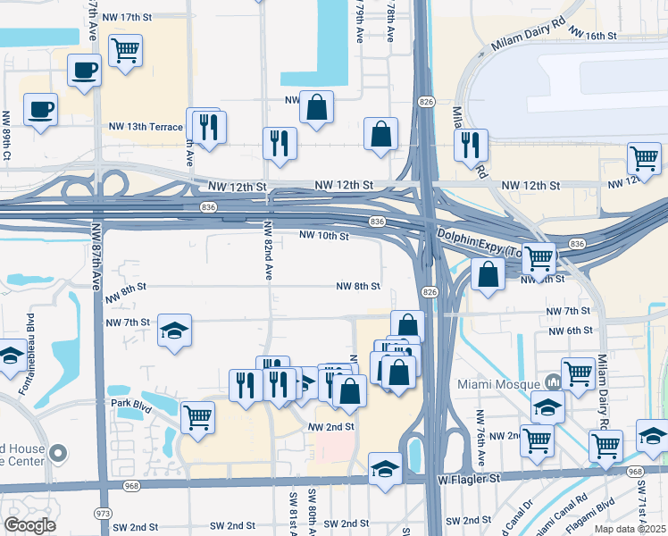 map of restaurants, bars, coffee shops, grocery stores, and more near 8027 Northwest 8th Street in Miami