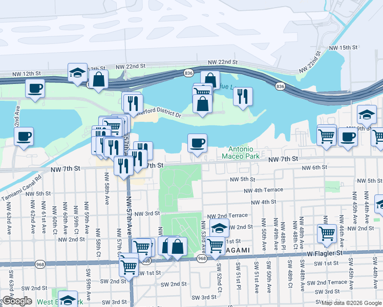 map of restaurants, bars, coffee shops, grocery stores, and more near 5311 Northwest 7th Street in Miami