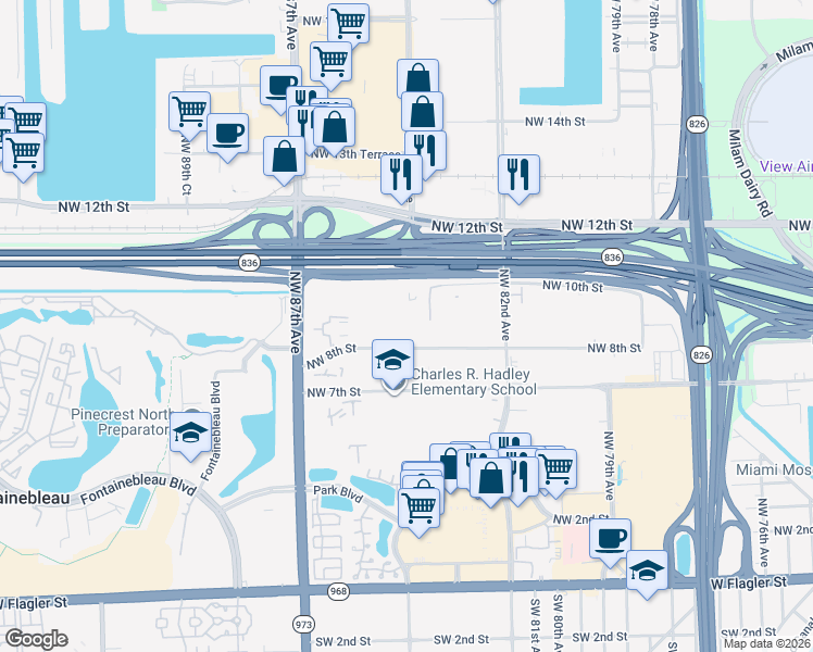 map of restaurants, bars, coffee shops, grocery stores, and more near 8425 Northwest 8th Street in Miami