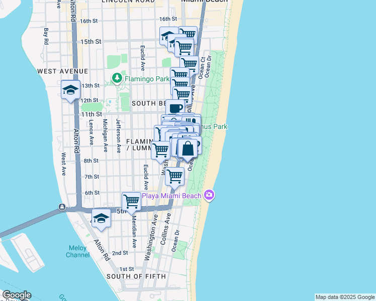 map of restaurants, bars, coffee shops, grocery stores, and more near 850 Ocean Court in Miami Beach