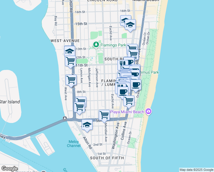 map of restaurants, bars, coffee shops, grocery stores, and more near in Miami Beach