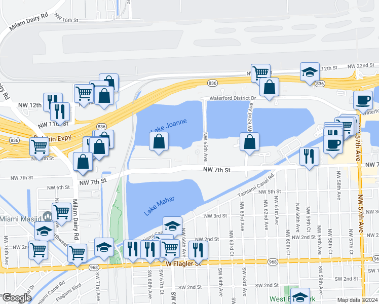 map of restaurants, bars, coffee shops, grocery stores, and more near 1004 Northwest 65th Avenue in Miami