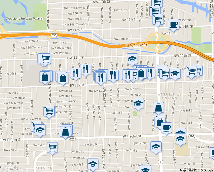 map of restaurants, bars, coffee shops, grocery stores, and more near 3160 Northwest 7th Street in Miami