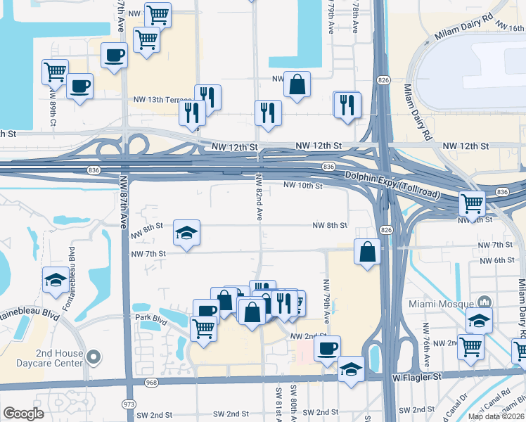 map of restaurants, bars, coffee shops, grocery stores, and more near 8187 Northwest 8th Street in Miami
