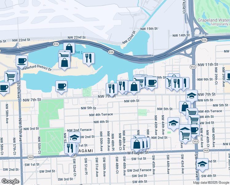 map of restaurants, bars, coffee shops, grocery stores, and more near 4855 Northwest 7th Street in Miami