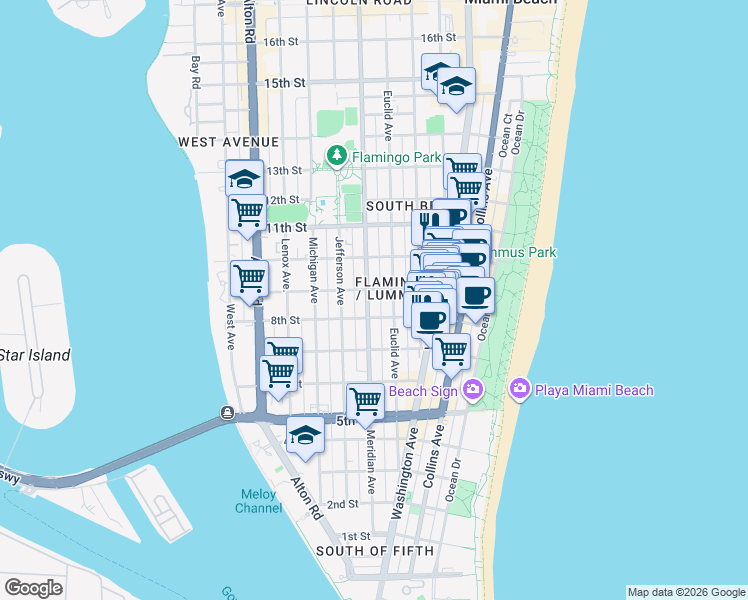 map of restaurants, bars, coffee shops, grocery stores, and more near in Miami Beach