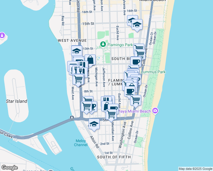 map of restaurants, bars, coffee shops, grocery stores, and more near 840 Jefferson Avenue in Miami Beach