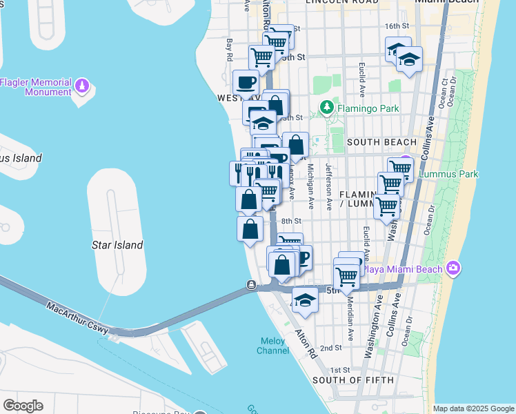map of restaurants, bars, coffee shops, grocery stores, and more near 899 West Avenue in Miami Beach