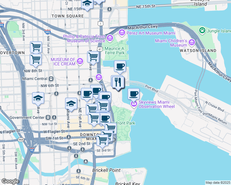 map of restaurants, bars, coffee shops, grocery stores, and more near 501 Biscayne Boulevard in Miami