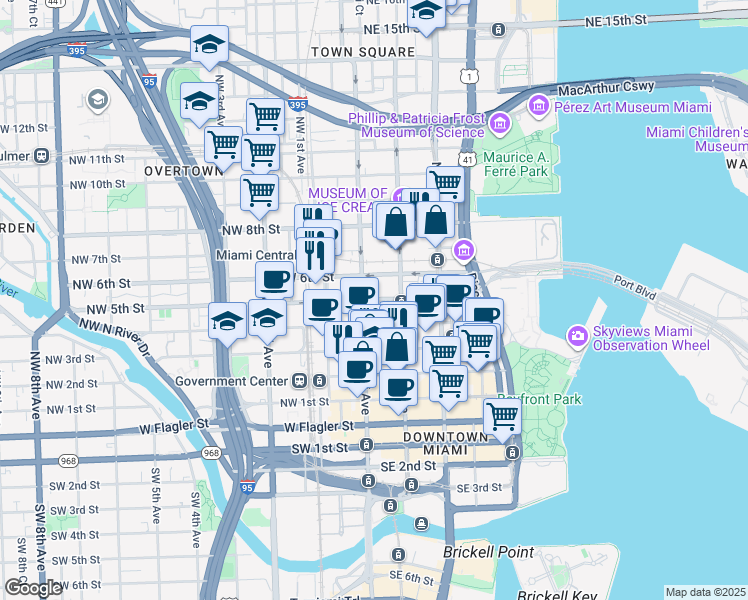 map of restaurants, bars, coffee shops, grocery stores, and more near 55 Northeast 5th Street in Miami